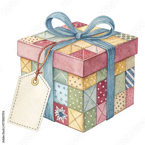A folk art patchwork fabric giftbox and tag
