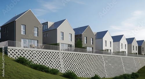 Fototapeta Naklejka Na Ścianę i Meble -  A row of contemporary townhouses featuring flat roofs, a mix of white render, grey brick, and wood cladding, each with an integrated garage and a small front lawn.
