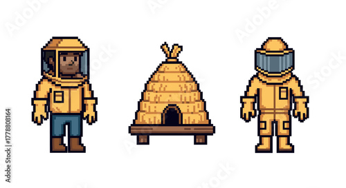 Pixel art beekeepers and hive retro style honey harvesting scene