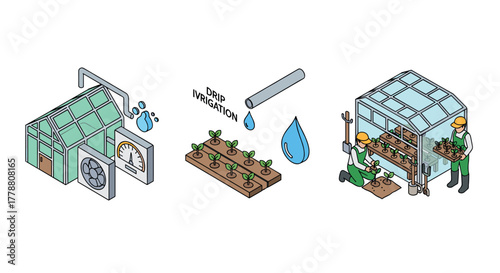 Isometric greenhouse icons depicting drip irrigation systems and indoor gardening