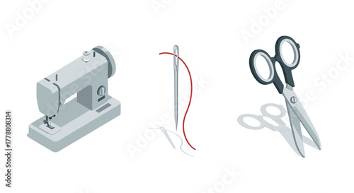Sewing tools in isometric style machine, needle, scissors for crafting projects
