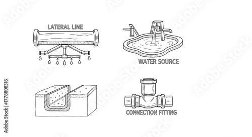 Handdrawn irrigation elements with lateral line, water source, and connection fitting