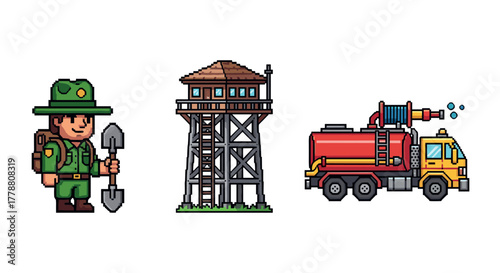 Pixel art ranger, fire tower, and water truck