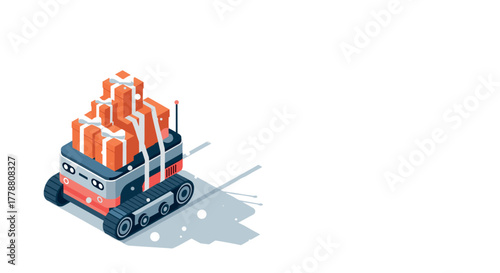 Isometric robot delivering wrapped gifts on snowy terrain with shadow