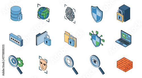 Isometric icons of data security and protection elements for digital safety