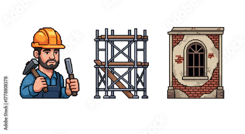 Retro construction icons worker, scaffold, building facade in pixel art style