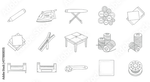 Sewing and tailoring tools outline set with iron, needle, and threads