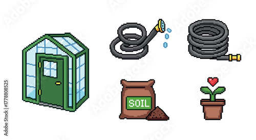 Pixel art gardening tools set greenhouse, hose, soil, potted plant