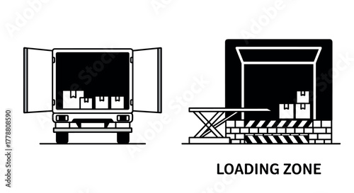 Warehouse loading dock and truck with open doors concept in black and white