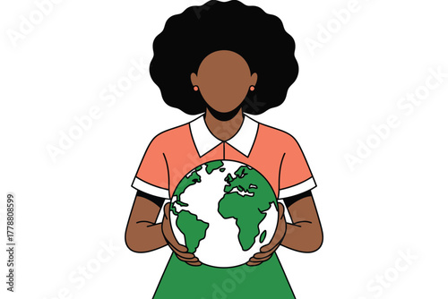 Illustration of Black Woman Holding Globe, representing environmental responsibility, global awareness, and sustainable living, emphasizing diversity and female Vector Illustration