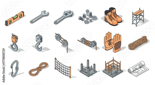 Isometric construction tools and equipment icons for building projects