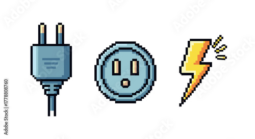 Pixel art electrical symbols plug, outlet, lightning bolt