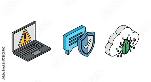 Isometric cybersecurity icons with warning symbols and bug fix illustration