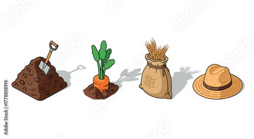 Charming isometric farm elements soil, carrot, wheat sack, sun hat