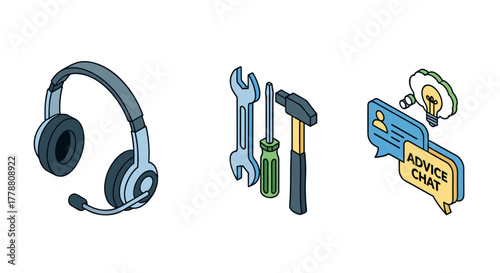 Customer support tools and communication icons in isometric style