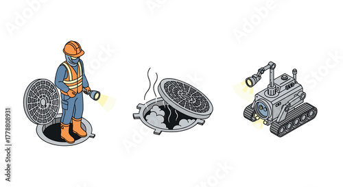 Isometric sewer worker and robot with open manhole cover