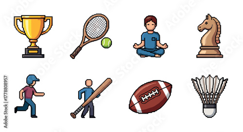Pixel art sports icons trophy, tennis, meditation, chess, baseball, football, badminton