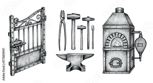 Blacksmith tools and forge set in vintage style for crafting and decorative design