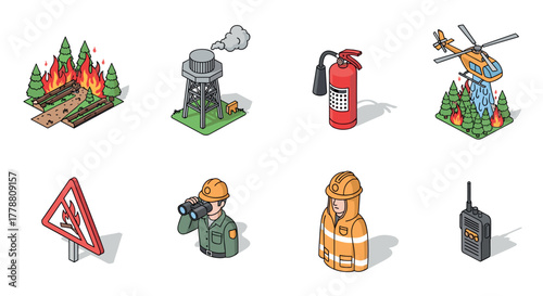 Isometric firefighting elements equipment and safety icons for emergency preparedness