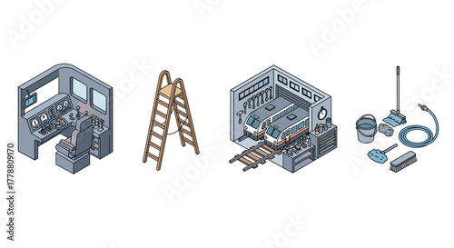 Isometric train control room, ladder, and cleaning supplies in workshop setting