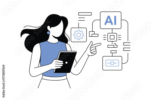 Woman Explaining AI Technology with Tablet, Demonstrating Data Flow and Processing on a White Background, Illustrating Modern Tech Concepts and Human Machine Interaction Vector Illustration