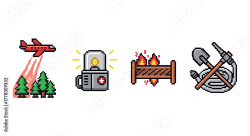 Pixel art icons wildfire airplane, emergency light, fire barrier, firefighting tools