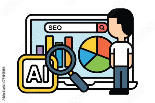 SEO Optimization Illustration with AI Integration Vector Cartoon Depicting Data Analysis, Search Engine Marketing, and Website Performance Enhancement on Laptop Screen Vector Illustration