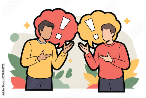 Two Men Arguing with Exclamation Mark Speech Bubbles, Communication Breakdown, Conflict Resolution, Illustration, Vector Graphic, Disagreement, Cartoon Characters, Vector Illustration