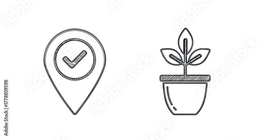 Hand drawn checkmark map pin and potted plant sketch
