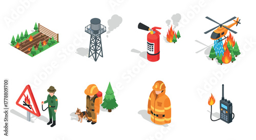 Isometric firefighting elements and equipment for wildfire prevention