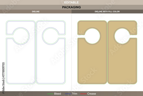 Door hanger dieline designed using vector detail refining printing output packaging fold die line mapping provides steady hole placement ensuring smooth tag body contour