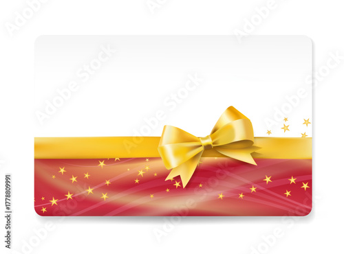 Elegant festive gift card design with a shiny golden ribbon and bow on a red background decorated with glowing stars, holiday greetings, gift vouchers, New Year, or celebration invitations.