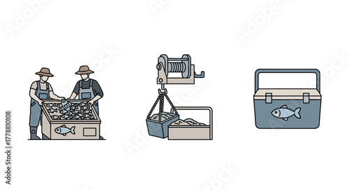 Fishing industry icons workers, equipment, and cold storage in flat design