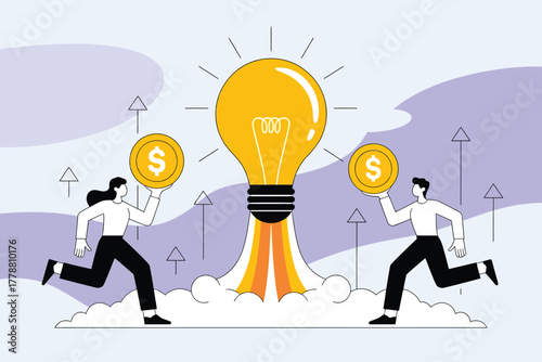 Business Idea Launch People Running with Coins towards Exploding Lightbulb, Business Growth, Investment, Financial Success, Cartoon Illustration on Cloudy Background Vector Illustration