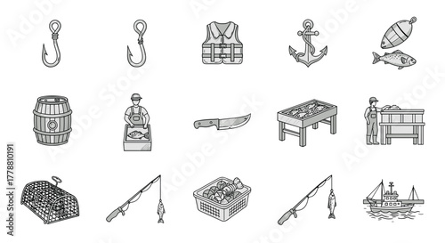 Monochrome fishing equipment and activities icons set