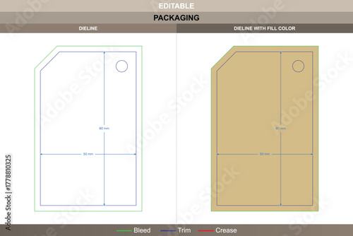 Custom dimensions rectangular chamfers hang tags dieline formed through vector design refining printing alignment packaging fold die line contour delivers firm angular edges