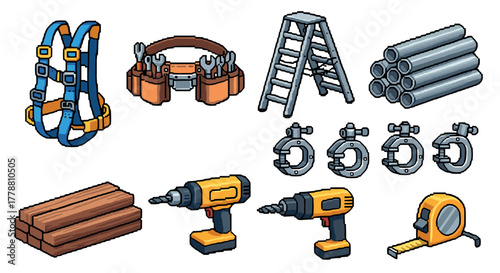 Retro pixel art construction tools and equipment set for builders