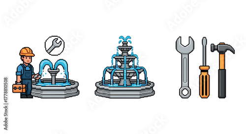 Pixel art fountain repair scene with tools and worker icon