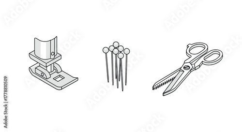 Sewing tools sketch of presser foot, pins, and scissors