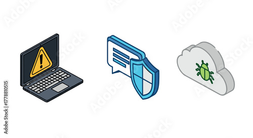 Digital security concepts laptop warning, secure chat, cloud threat in isometric style