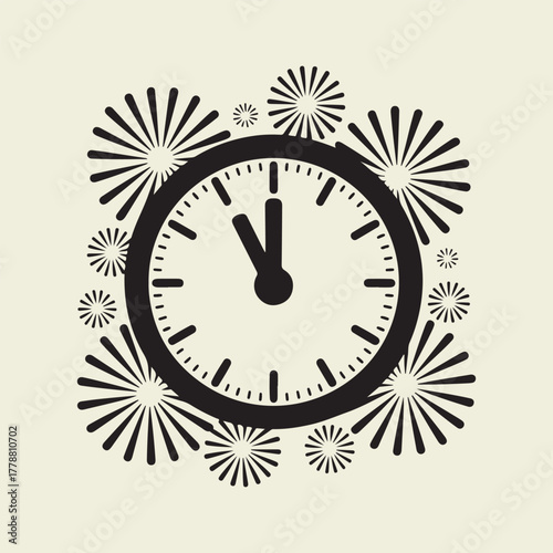 Clock face with radiating starbursts at five minutes to twelve