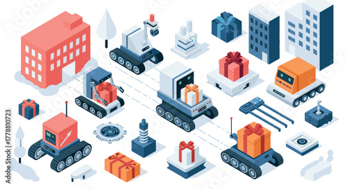 Isometric robot delivery futuristic logistics and efficient automation in urban setting