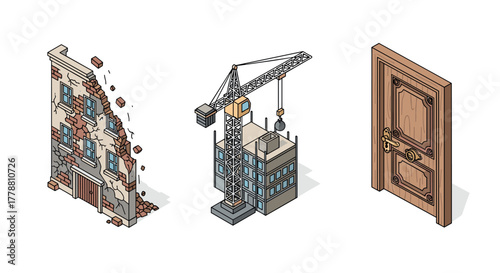 Isometric urban concepts building damage, construction site, wooden door elements