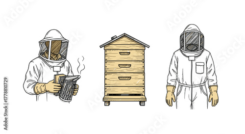 Beekeepers and beehive sketch illustration with protective gear and smoker