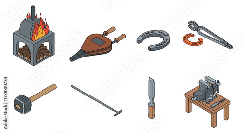 Isometric blacksmith tools with forge, anvil, and hammer on white background