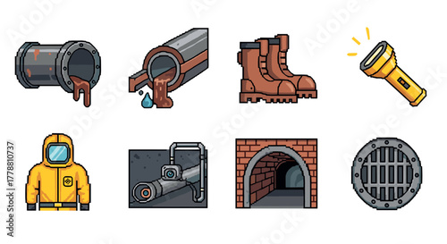 Pixel art industrial safety equipment and infrastructure icons set