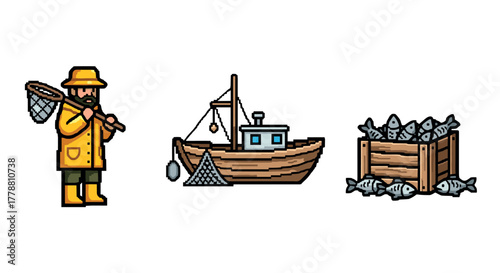 Pixel art maritime fisherman and wooden boat with fresh catch