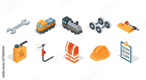 Isometric railway tools and safety equipment icons set