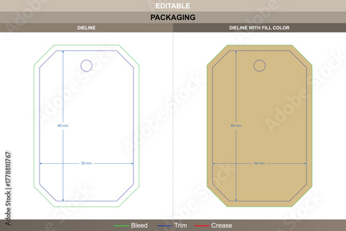 Custom dimensions rectangular chamfers hang tags dieline crafted using vector balance refining printing output packaging form die line shape defines clean chamfered geometry