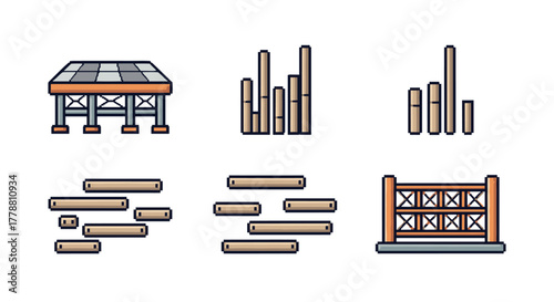 Construction elements set with wooden beams and scaffolding in linear style